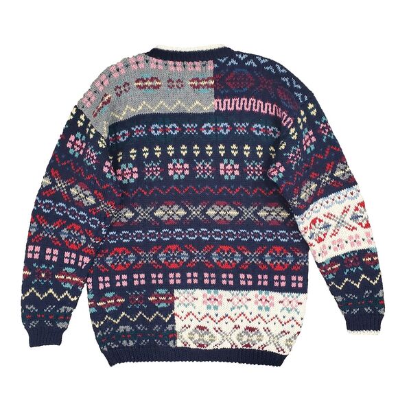 Ninon de Lenclos Handknit 100% Wool Sweater M Fair Isle Patchwork Nordic Cottage - Picture 2 of 11